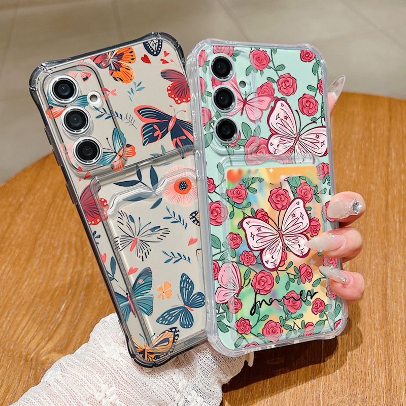 Phone Cases With Wallet - Flower Butterfly Pattern Clear Phone Case