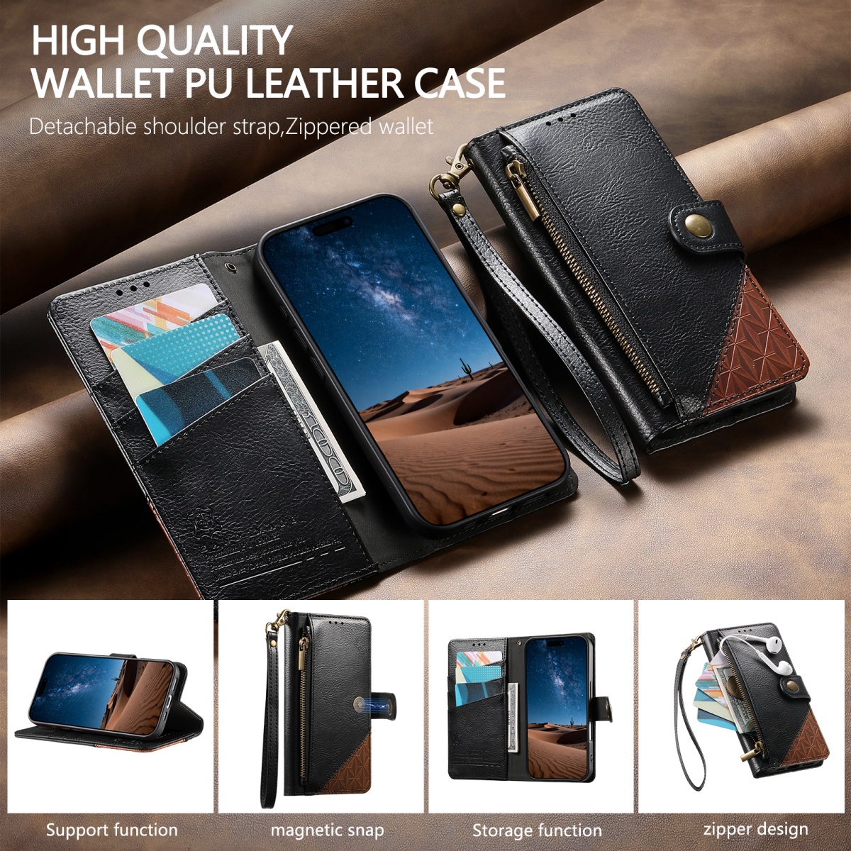 PU Leather Zipper Wrist Strap  – Phone Cases With Wallet recenzja i cena
